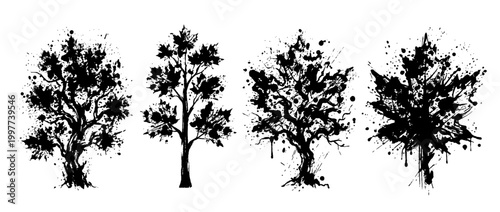 maple tree , Grunge brush distressed paint splatter vector set 