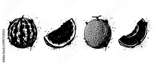 melon , Grunge brush distressed paint splatter vector set 