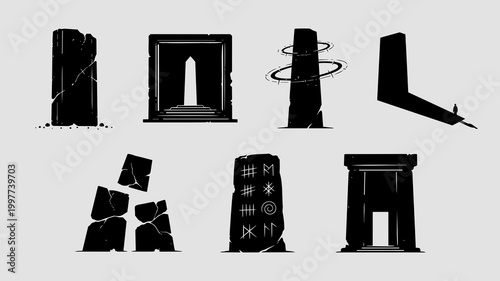 Prehistoric standing stones, arcane portals, ritual monoliths, mythic stone circles, sacred megalithic structures, esoteric gateways, occult steles.