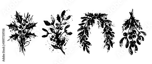 mistletoe , Grunge brush distressed paint splatter vector set 