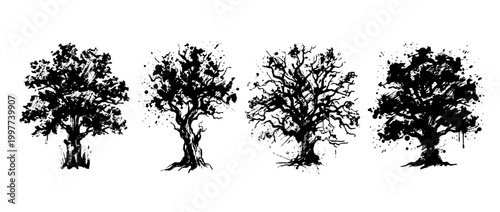 oak tree , Grunge brush distressed paint splatter vector set 