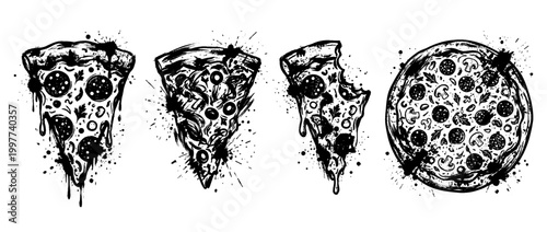 pizza , Grunge brush distressed paint splatter vector set 