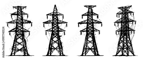 power grid tower , Grunge brush distressed paint splatter vector set 