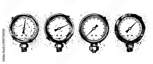 pressure gauge , Grunge brush distressed paint splatter vector set 