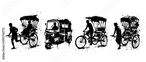 rickshaw , Grunge brush distressed paint splatter vector set 