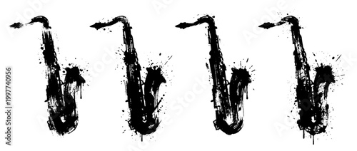 saxophone , Grunge brush distressed paint splatter vector set 
