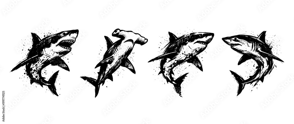 Fototapeta premium shark , Grunge brush distressed paint splatter vector set 
