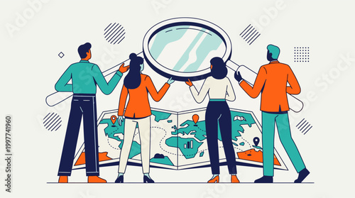 A diverse business team looks at a global world map with a large magnifying glass, vector illustration.