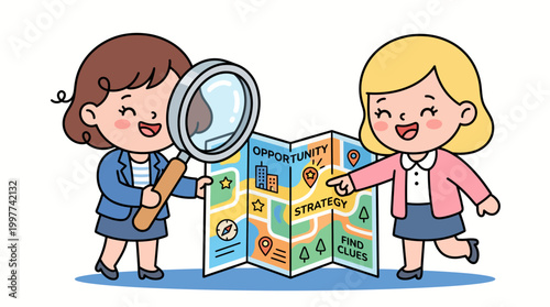 Two cute businesswomen examine a strategy and opportunity map using a magnifying glass, vector illustration.