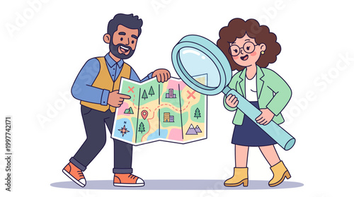 Cute bearded man and woman with glasses search a folded route map with a large magnifier, vector illustration.