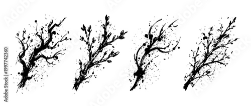 twig , Grunge brush distressed paint splatter vector set 