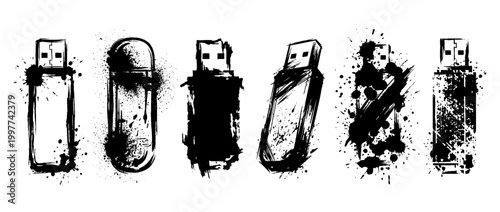 usb flash drive , Grunge brush distressed paint splatter vector set 