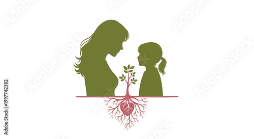 Mother, child, green silhouettes, heart roots, love, family