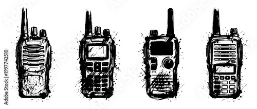 walkie talkie , Grunge brush distressed paint splatter vector set 