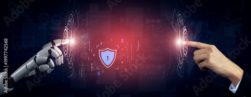 Obraz na płótnie AI artificial intelligence strengthens cybersecurity with intelligent threat detection, virtual assistant alerts, and proactive protection agAI artificial intelligencenst digital breaches
