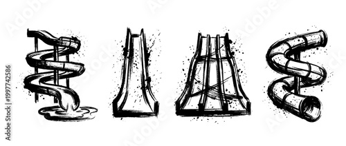 water slide , Grunge brush distressed paint splatter vector set 