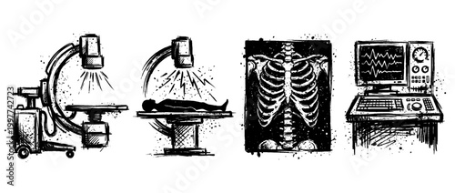 xray machine , Grunge brush distressed paint splatter vector set 