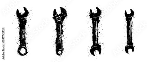 wrench , Grunge brush distressed paint splatter vector set 