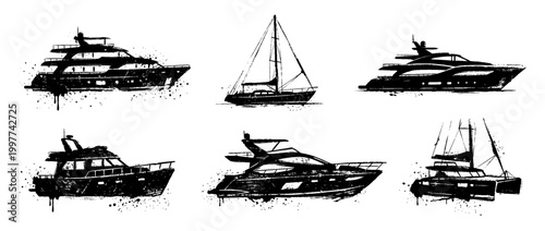 yacht , Grunge brush distressed paint splatter vector set 