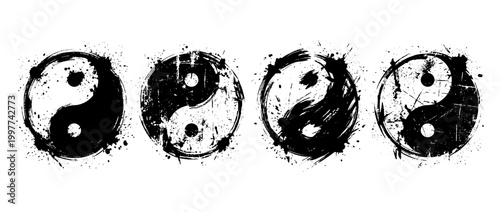 yin yang symbol , Grunge brush distressed paint splatter vector set 