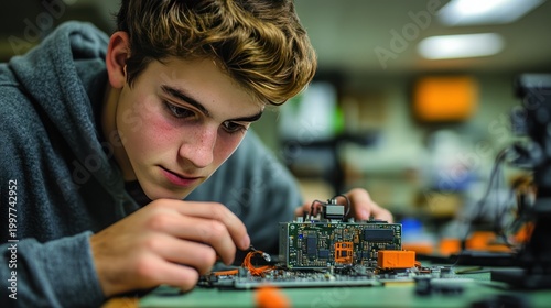 Young person working on circuit board