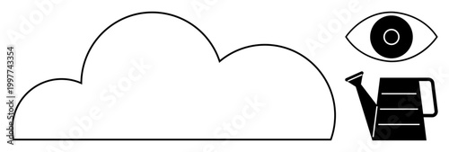 Technology, innovation, sustainability, cloud computing, data growth, vision. A cloud outline, an eye and a watering can in minimalist black and white. Cloud computing and technology concepts