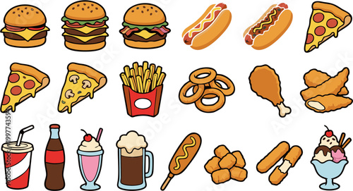 Mega collection of hand drawn American fast food and diner cartoon vectors