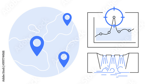 Data analytics, geolocation tracking, business insights, global connectivity, resource management, data monitoring. Map with location markers, chart and data flow . Data analytics and geolocation