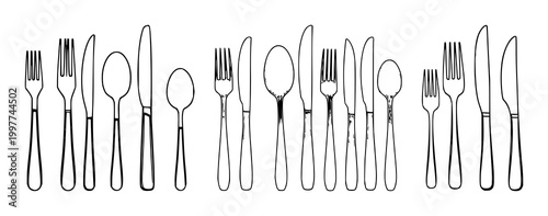 Black line art, white background: aesthetic matte black cutlery set set with simple line art design featuring line art, illustrations, graphic resources with vector and design elements