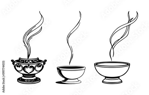Incense burner set with black line art on white background featuring aesthetic, flickering smoke, minimalist design with incense and aroma