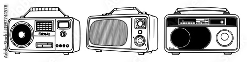 Retro drive-in speaker set with black line art on white background featuring speaker, retro, line art with vintage and nostalgia