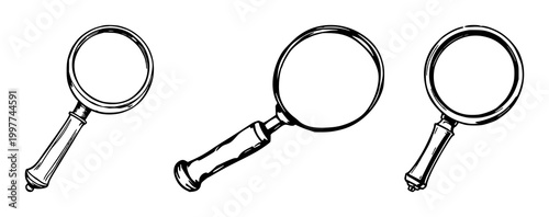 Magnifying glasses set with black line art and white background featuring magnifier, bone handle, vintage design with minimalism and illustration