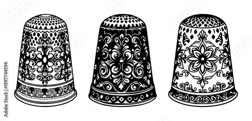 Thimble set with ornate silver design and black line art on a white background featuring thimble, sewing, needlecraft, illustration, silverware with line drawing and texture