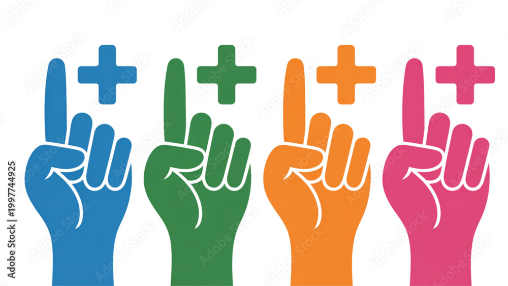 Fototapeta premium Five hands raised showing positive signs with colorful background Vector