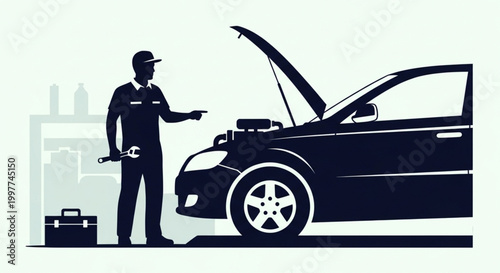 Auto Mechanic Silhouette Inspecting Car Engine in Garage with Toolbox