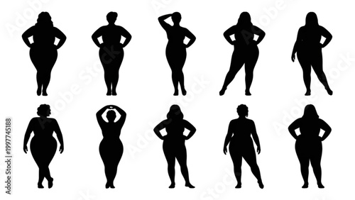 Silhouette illustration of diverse body types standing in various poses Vector