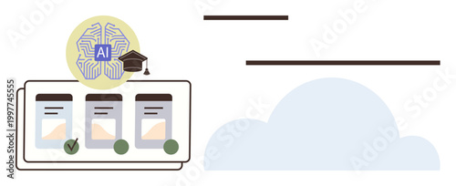 Artificial intelligence, cloud services, education, data organization, machine learning, academic tools. AI-brain symbol with education cap, cloud image and structured data files. Artificial