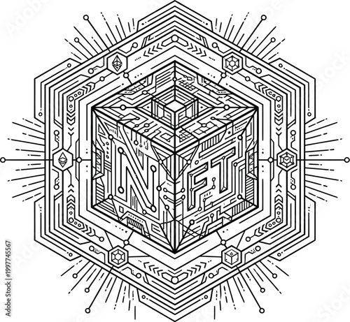 intricate geometric cube artwork featuring the letters n f t, symbolizing digital ownership and blockchain technology.