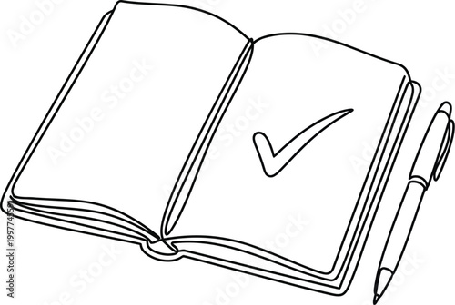 An open notebook featuring a hand drawn checkmark symbol placed beside a sleek ballpoint pen for writing and daily planning