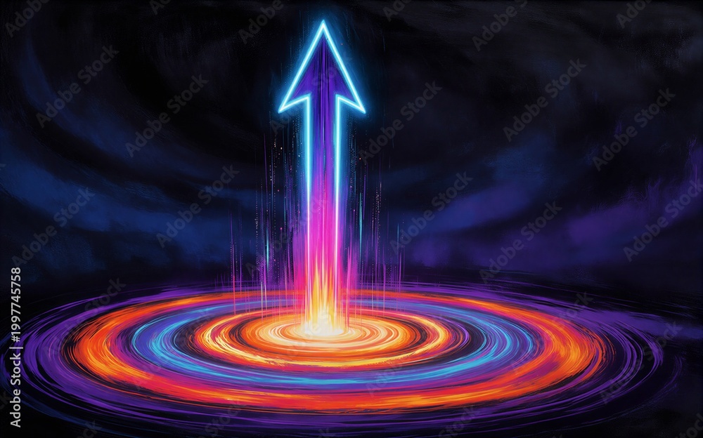 Fototapeta premium Neon arrow ascends through swirling cosmic vortex radiating vibrant