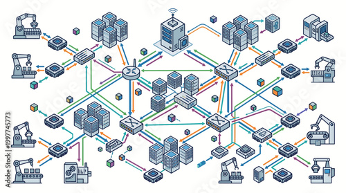 Complex network infrastructure with interconnected nodes and data flow.