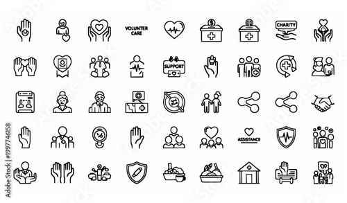 Human care outline icon set with editable stroke charity volunteering support and kindness symbols collection