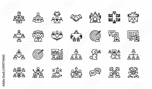Teamwork outline icon set with editable stroke business collaboration coworker and cooperation symbols collection
