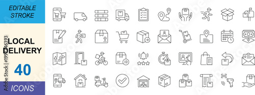 Minimal local delivery icon set. Featuring logistics, courier, shipping, tracking and warehouse symbols. Clean line style UI icons perfect for apps, ecommerce, transport and service design projects. E