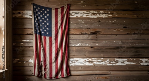 American flag hanging proudly on a rustic wooden wall, showing the country's national symbol