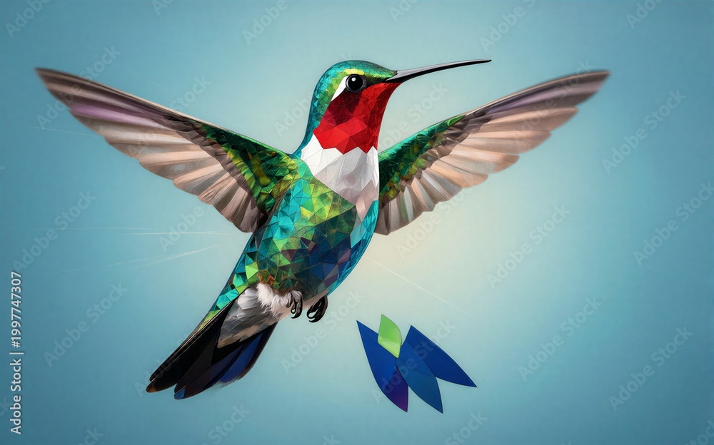 Fototapeta premium Vibrant hummingbird soars with colorful geometric wings against a