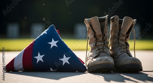 A poignant image showing a folded flag and a pair of worn boots, symbolizing sacrifice and remembrance