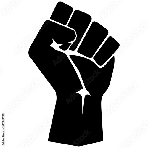 Raised fist symbol, black and white vector art representing protest and power