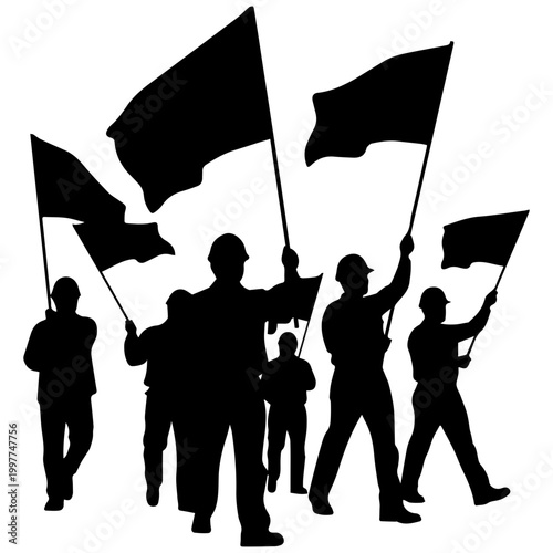 Group of laborers marching with black and white flags in silhouette