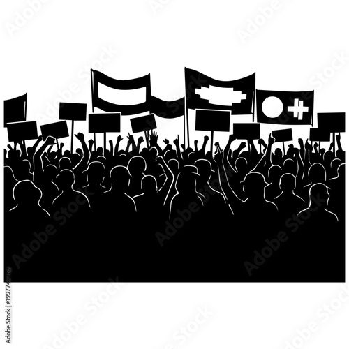 Protest crowd silhouette holding blank banners and signs, vector illustration